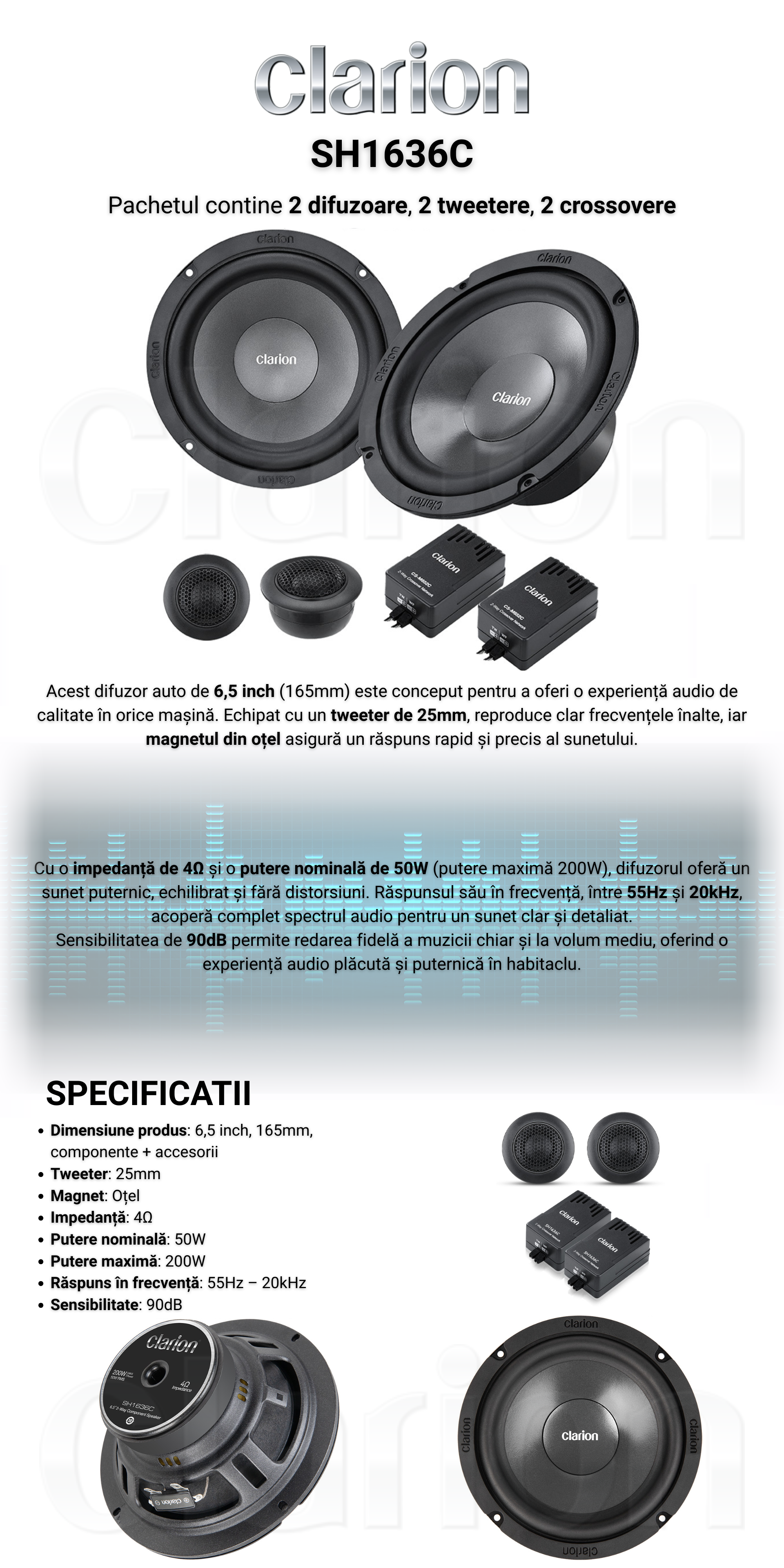 Difuzoare Auto Clarion SH1636C 2 Cai 6,5